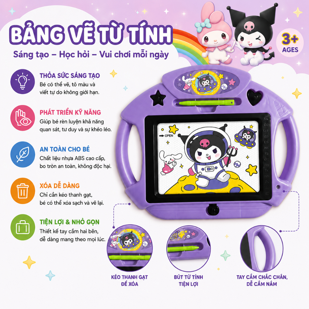 Bảng Vẽ Từ Tính Cho Bé Kuromi My Melody – Bảng Viết Xóa Tự Động Kèm Bút Từ