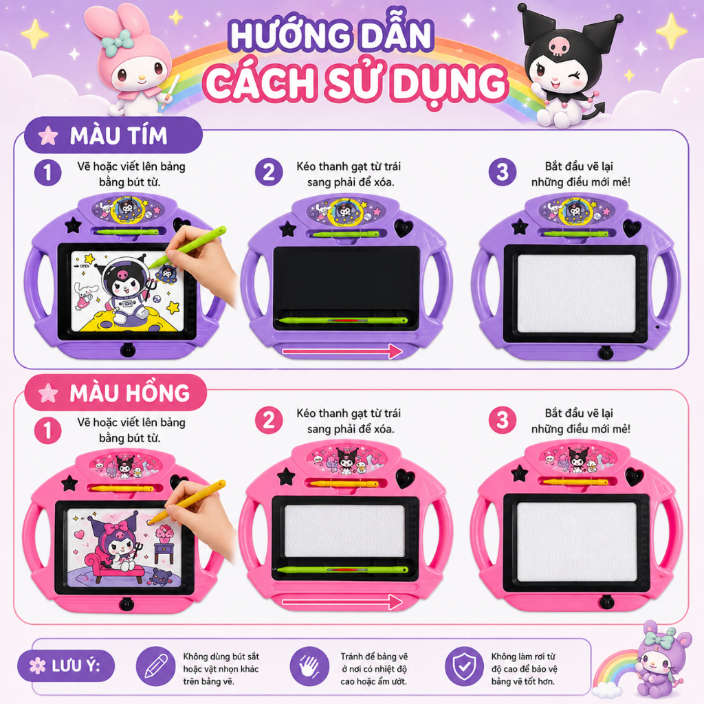Bảng Vẽ Từ Tính Cho Bé Kuromi My Melody – Bảng Viết Xóa Tự Động Kèm Bút Từ