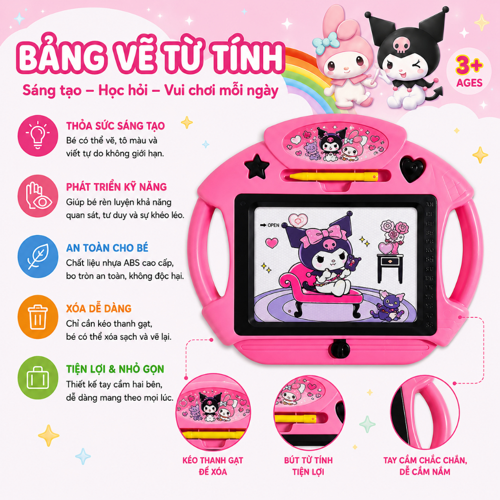 Bảng Vẽ Từ Tính Cho Bé Kuromi My Melody – Bảng Viết Xóa Tự Động Kèm Bút Từ