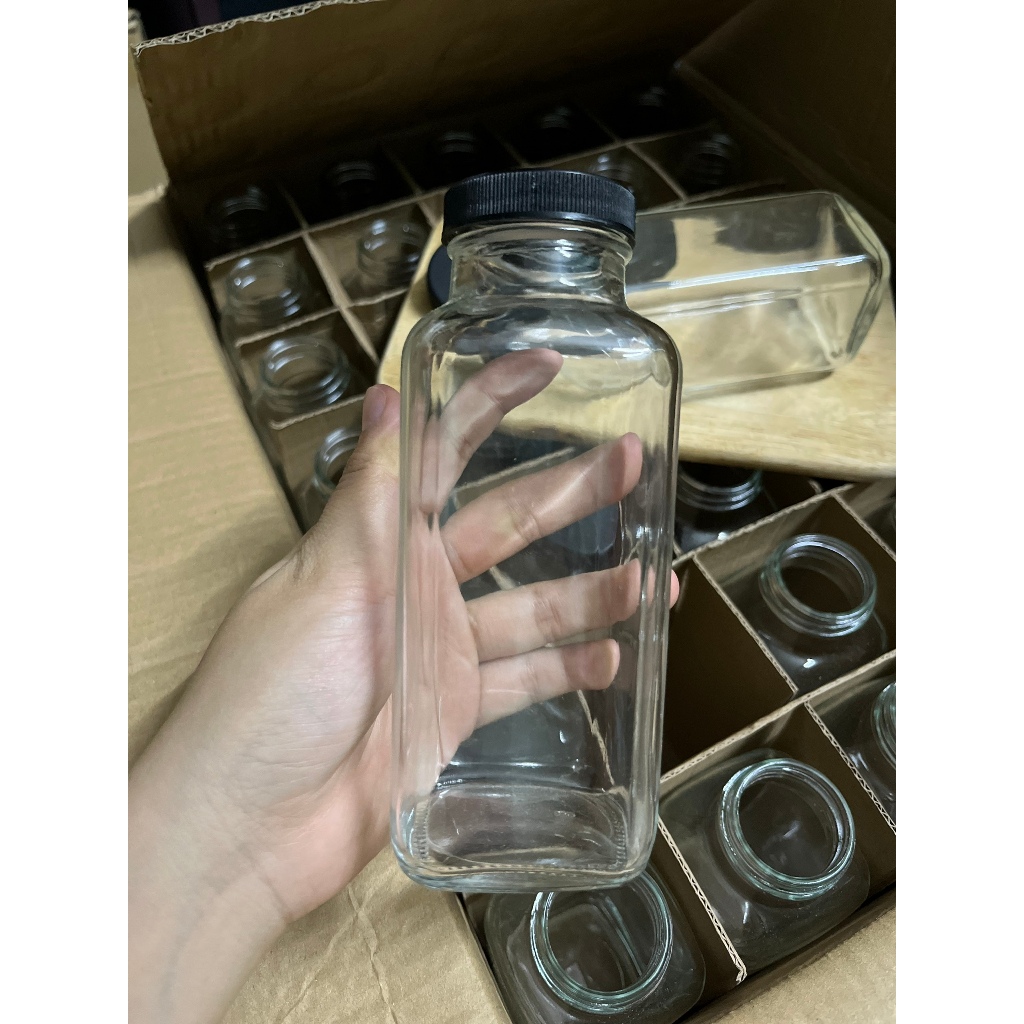 [Combo 3 - 6] Chai Thủy Tinh 350ml Vuông Đựng Nước Ép Sữa Hạt  Nắp Nhựa Đen Kín Khí Chống Ẩm, An Toàn Cho Sức Khoẻ