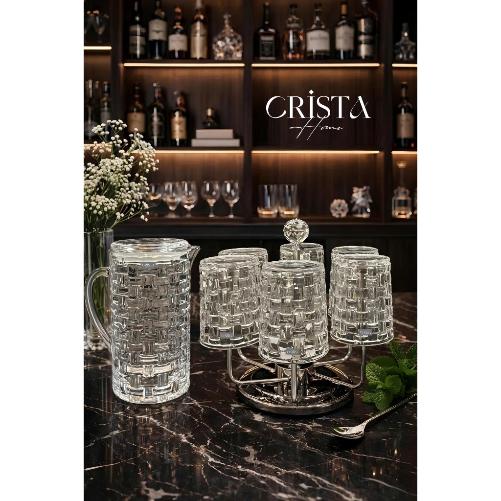 Bộ hũ bình cốc Vân Caro Trắng Crista Home 350ml Cao Cấp