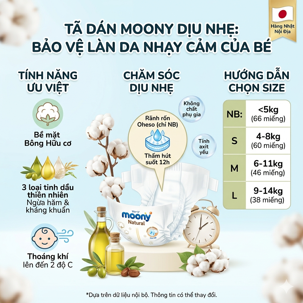 [DEAL T7] TÃ DÁN MOONY DỊU NHẸ SIÊU CAO CẤP NB60+6/S54+6/M46/L38 - BỀ MẶT BÔNG ORGANIC HỮU CƠ