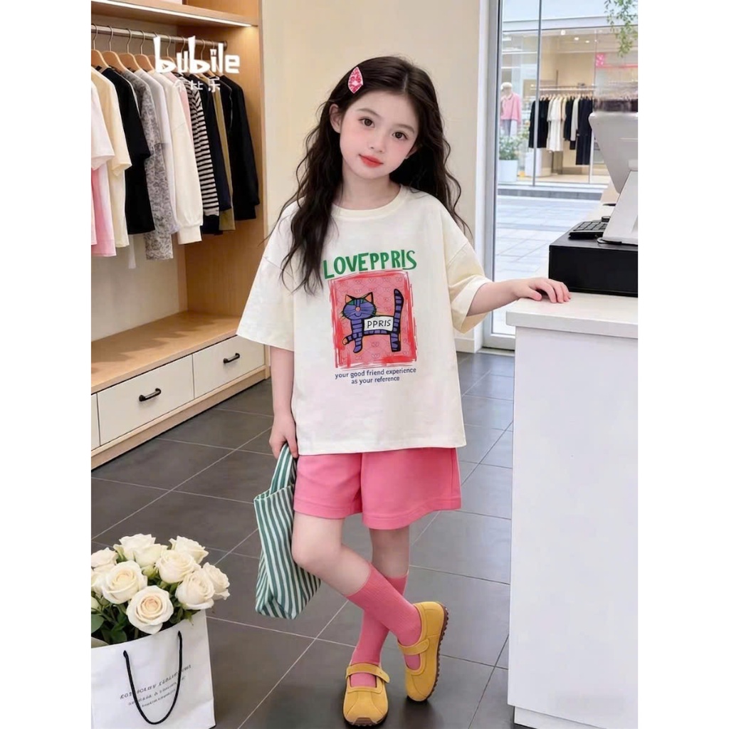Sét quần áo đi chơi cho bé gái,in hình chú mèo PPPIS,chất vải cotton thấm hút mồ hôi thoải mái cho bé.M87