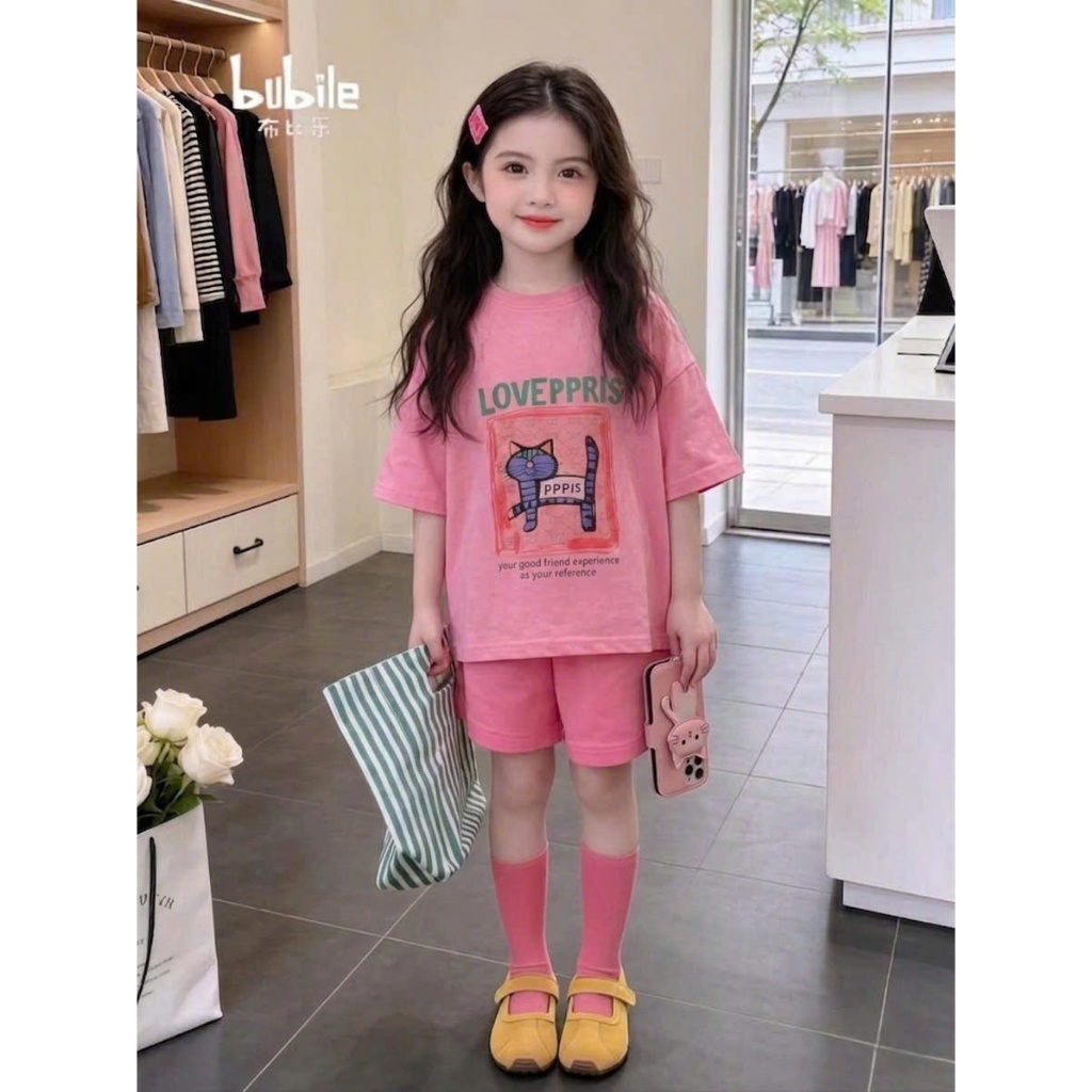 Sét quần áo đi chơi cho bé gái,in hình chú mèo PPPIS,chất vải cotton thấm hút mồ hôi thoải mái cho bé.M87