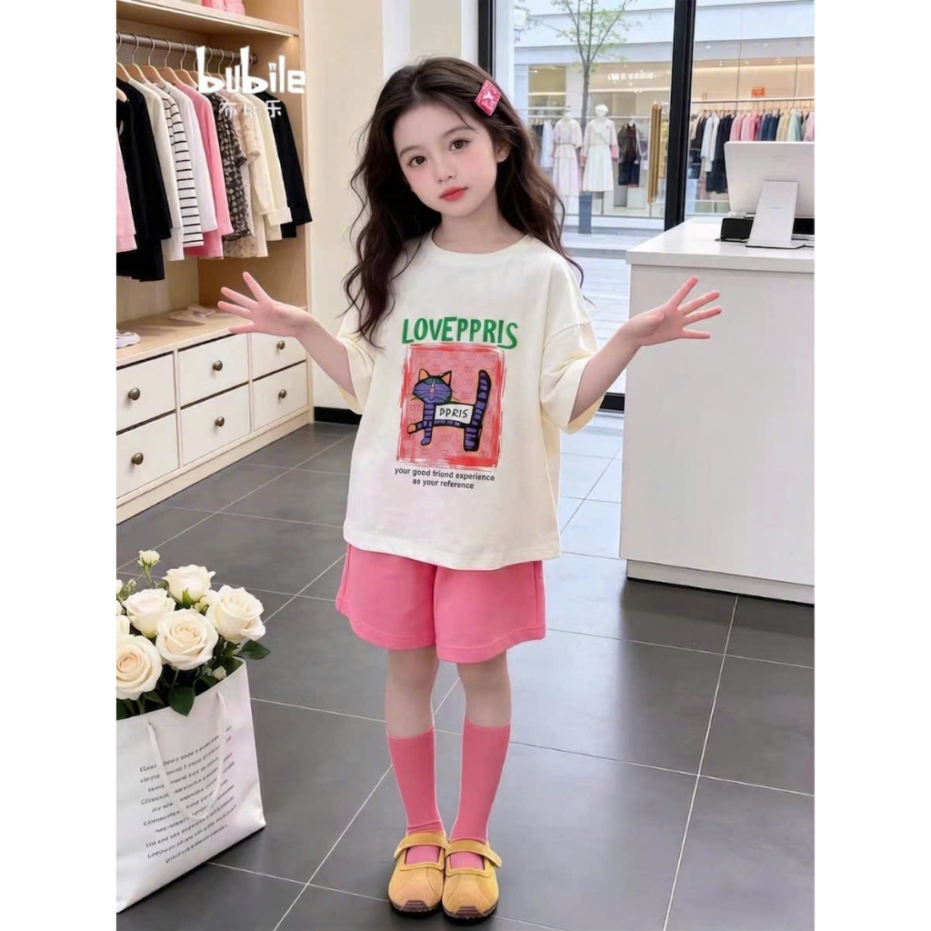 Sét quần áo đi chơi cho bé gái,in hình chú mèo PPPIS,chất vải cotton thấm hút mồ hôi thoải mái cho bé.M87
