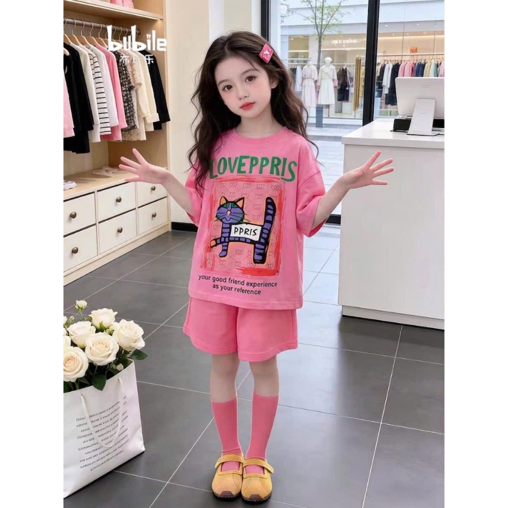 Sét quần áo đi chơi cho bé gái,in hình chú mèo PPPIS,chất vải cotton thấm hút mồ hôi thoải mái cho bé.M87