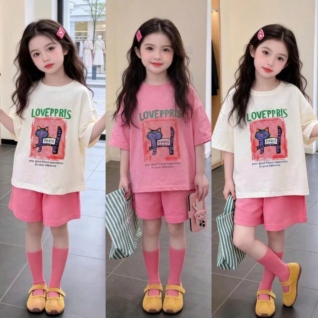 Sét quần áo đi chơi cho bé gái,in hình chú mèo PPPIS,chất vải cotton thấm hút mồ hôi thoải mái cho bé.M87