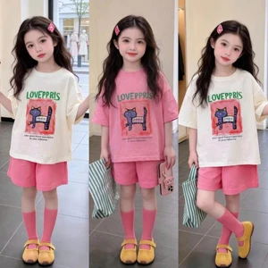 Sét quần áo đi chơi cho bé gái,in hình chú mèo PPPIS,chất vải cotton thấm hút mồ hôi thoải mái cho bé.M87