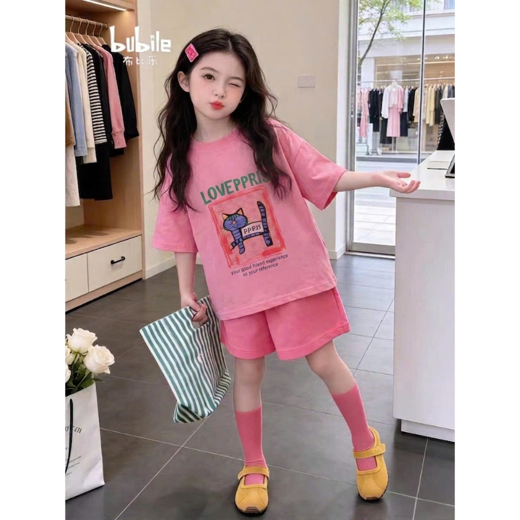 Sét quần áo đi chơi cho bé gái,in hình chú mèo PPPIS,chất vải cotton thấm hút mồ hôi thoải mái cho bé.M87