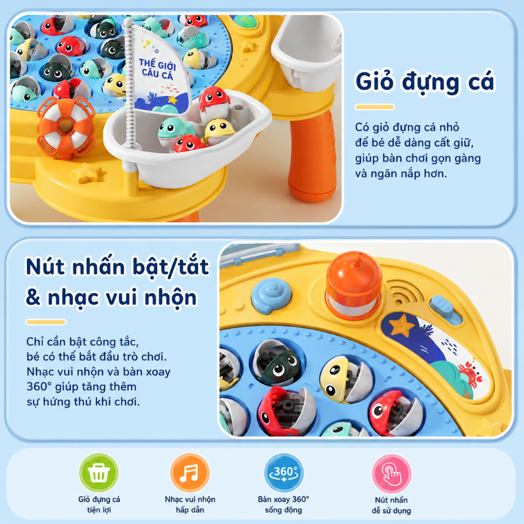 Đồ Chơi Câu Cá Điện Nhiều Người Chơi Cho Bé – Bàn Câu Cá Xoay 360° Có Nhạc Vui Nhộn Kèm Cần Câu