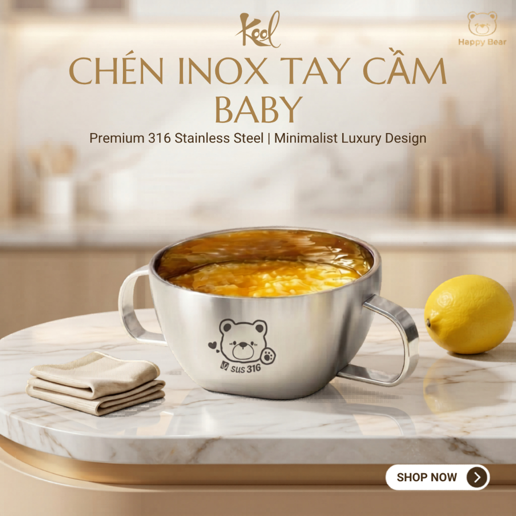 Chén Inox 316 Cho Bé Có Tay Cầm, Chén Ăn Dặm Cho Bé, Chén Ăn Cơm, Bát Inox, Bát ăn inox cách nhiệt