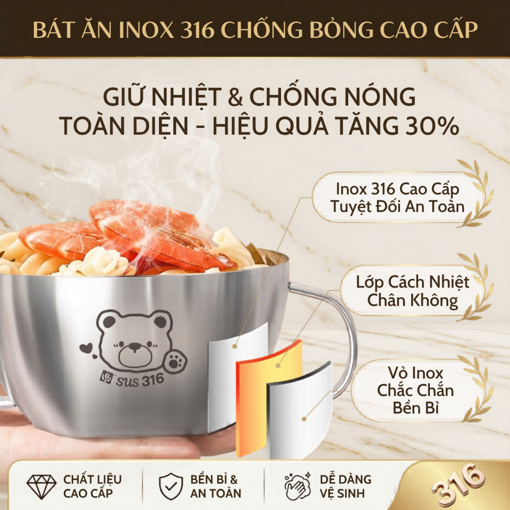 Chén Inox 316 Cho Bé Có Tay Cầm, Chén Ăn Dặm Cho Bé, Chén Ăn Cơm, Bát Inox, Bát ăn inox cách nhiệt