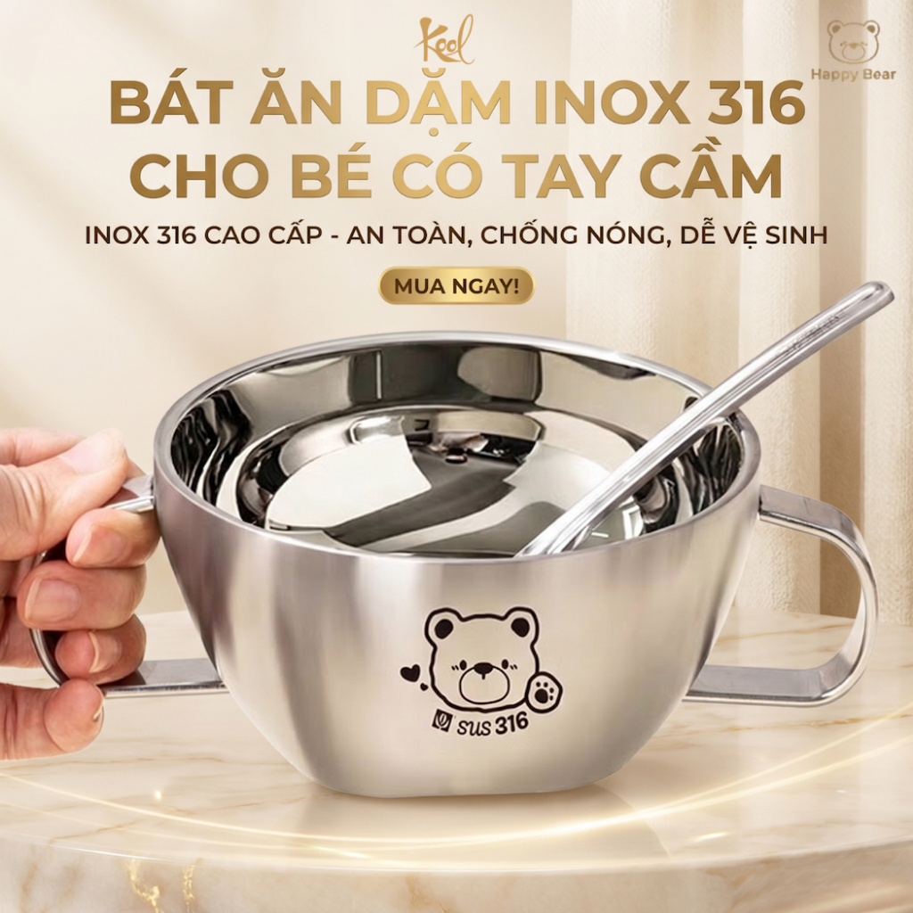 Chén Inox 316 Cho Bé Có Tay Cầm, Chén Ăn Dặm Cho Bé, Chén Ăn Cơm, Bát Inox, Bát ăn inox cách nhiệt