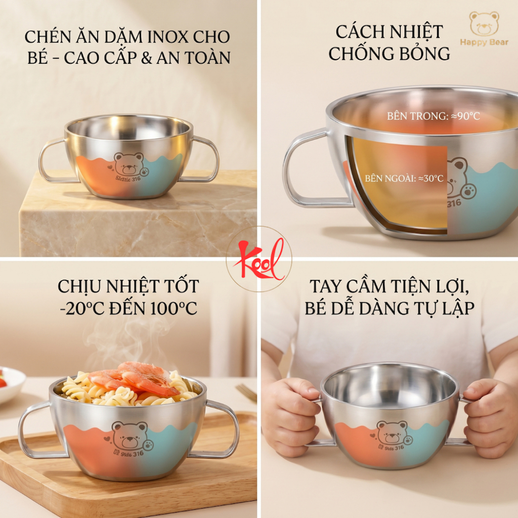 Chén Inox 316 Cho Bé Có Tay Cầm, Chén Ăn Dặm Cho Bé, Chén Ăn Cơm, Bát Inox, Bát ăn inox cách nhiệt