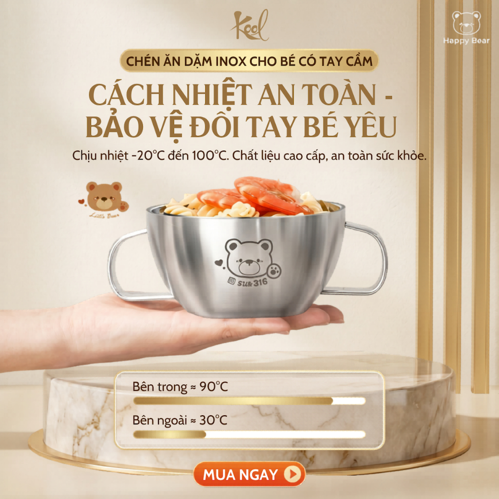 Chén Inox 316 Cho Bé Có Tay Cầm, Chén Ăn Dặm Cho Bé, Chén Ăn Cơm, Bát Inox, Bát ăn inox cách nhiệt