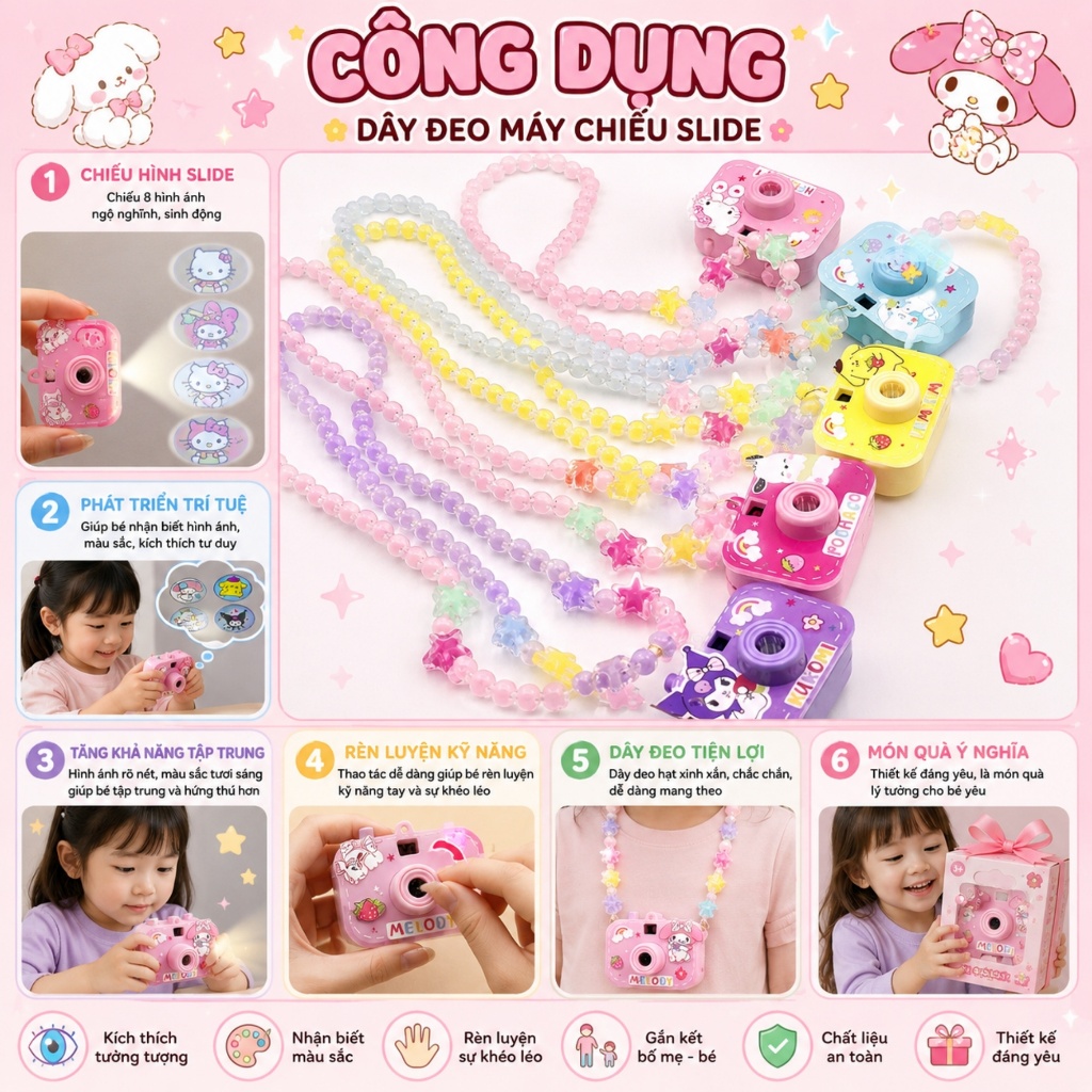 Vòng Cổ Máy Ảnh Hoạt Hình Chiếu Slide Cho Bé – Máy Chiếu Mini Đeo Cổ 8 Hình Cute Kèm Dây Hạt Xinh Xắn