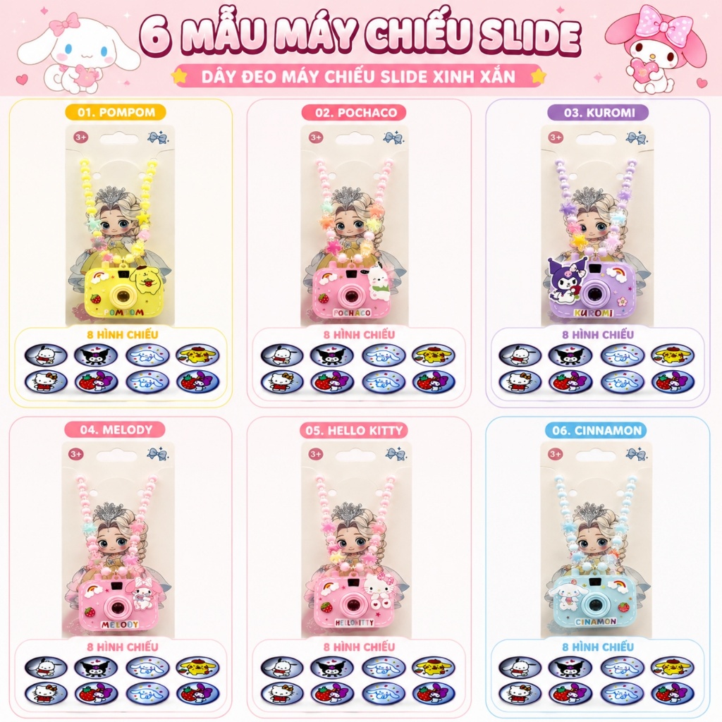 Vòng Cổ Máy Ảnh Hoạt Hình Chiếu Slide Cho Bé – Máy Chiếu Mini Đeo Cổ 8 Hình Cute Kèm Dây Hạt Xinh Xắn