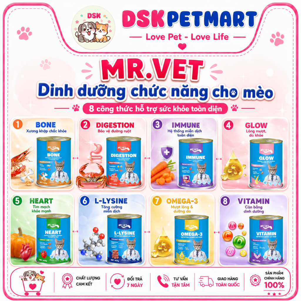 [Combo 4-8 Lon] Pate Lon Mr.VET Dành Cho Mèo Mọi Lứa Tuổi Hỗ Trợ Tiêu Hóa Và Đề Kháng - Lon 400GR