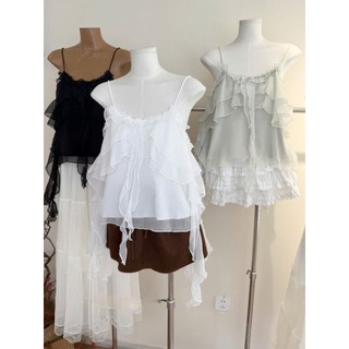 Áo Hai Dây LADYONE Chất Voan Tơ Viền Bèo Tầng Xoắn Bồng Vạc Nhọn Lưng Chun Hàng Quảng Châu.