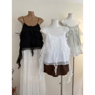 Áo Hai Dây LADYONE Chất Voan Tơ Viền Bèo Tầng Xoắn Bồng Vạc Nhọn Lưng Chun Hàng Quảng Châu.