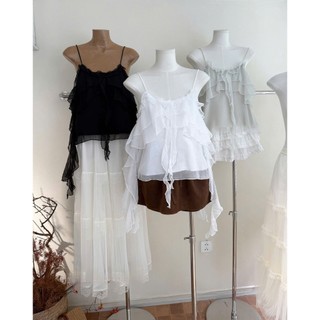 Áo Hai Dây LADYONE Chất Voan Tơ Viền Bèo Tầng Xoắn Bồng Vạc Nhọn Lưng Chun Hàng Quảng Châu.