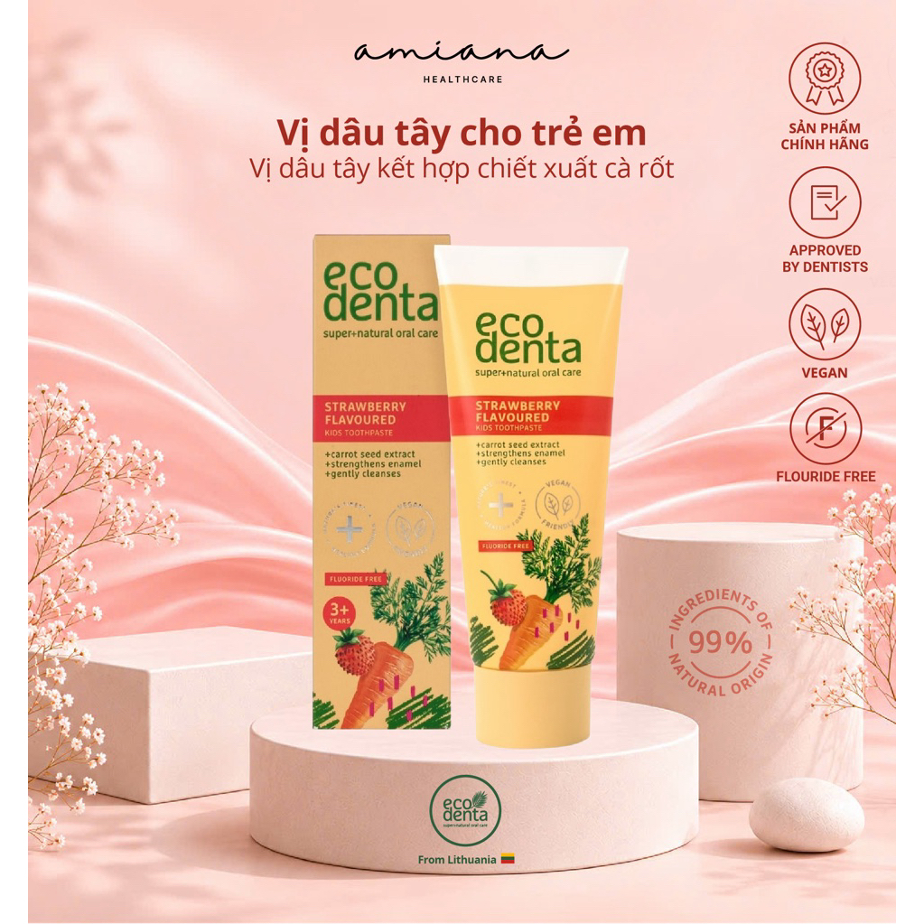 Kem đánh răng trẻ em Ecodenta dâu tây và cà rốt 75ml 🍓🥕 99% thành phần tự nhiên, không flouride