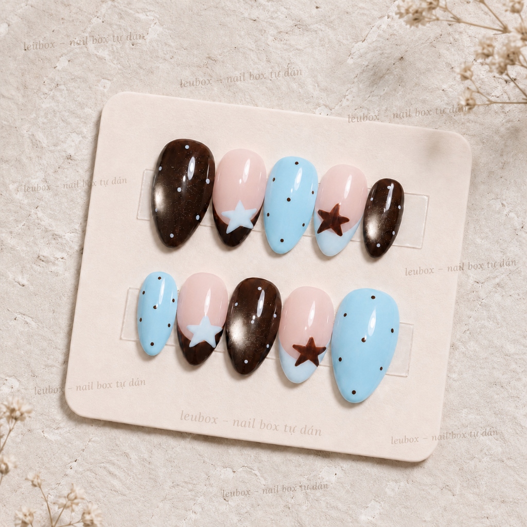 [V01] Nailbox thiết kế tự dán, móng giả sơn mắt mèo xanh pastel nấu chấm bi hot trend cá tính LEUBOX