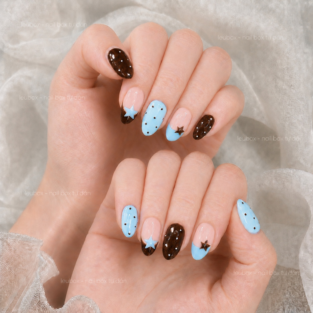 [V01] Nailbox thiết kế tự dán, móng giả sơn mắt mèo xanh pastel nấu chấm bi hot trend cá tính LEUBOX