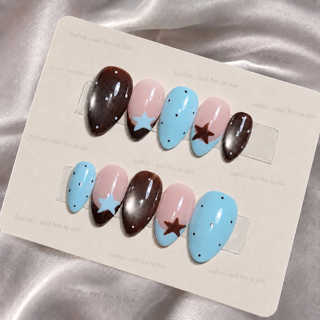 [V01] Nailbox thiết kế tự dán, móng giả sơn mắt mèo xanh pastel nấu chấm bi hot trend cá tính LEUBOX