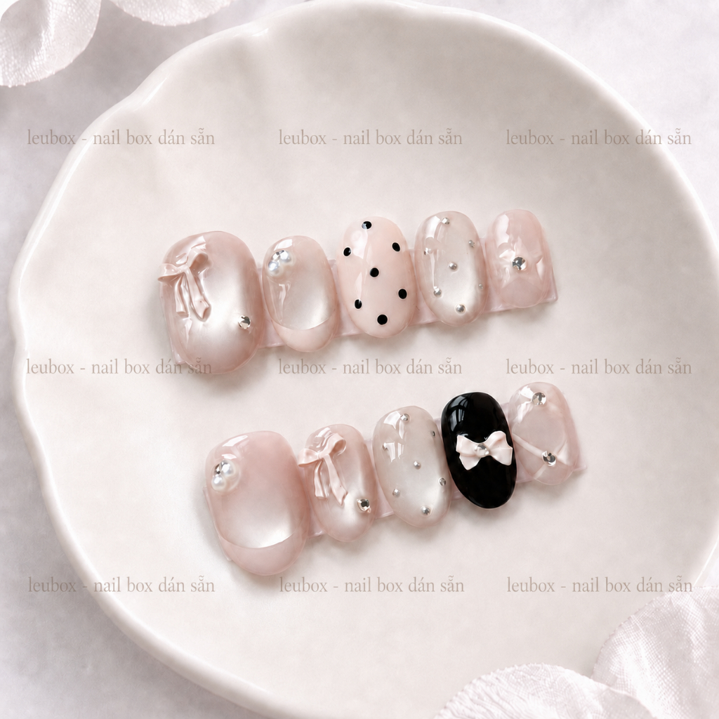 [V02] Nailbox hàn quốc, Móng dán style mắt mèo hàn quốc dáng ngắn đính nơ hồng chấm bi đen LEUBOX