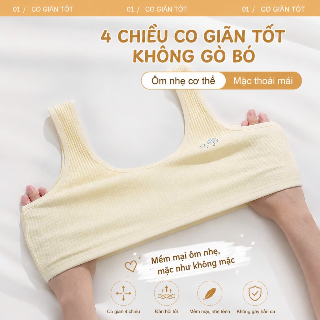 Áo lót lá bé gái dậy thì cotton gân mềm mại thoáng khí co giãn 4 chiều cho học sinh [A161]
