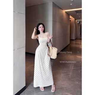 Váy Thun Body Maxi 2 Dây Chấm Bi Nhún Eo Chuẩn Nhung Đặng