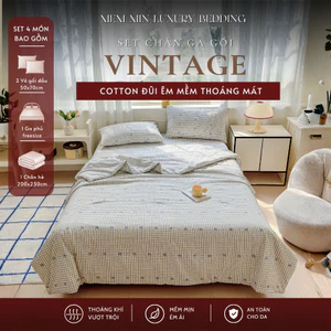 Set bộ chăn ga chần bông 4 món với họa tiết vitage cổ điển và dễ thương, thoáng khí và êm ái MemminbeddingLuxury