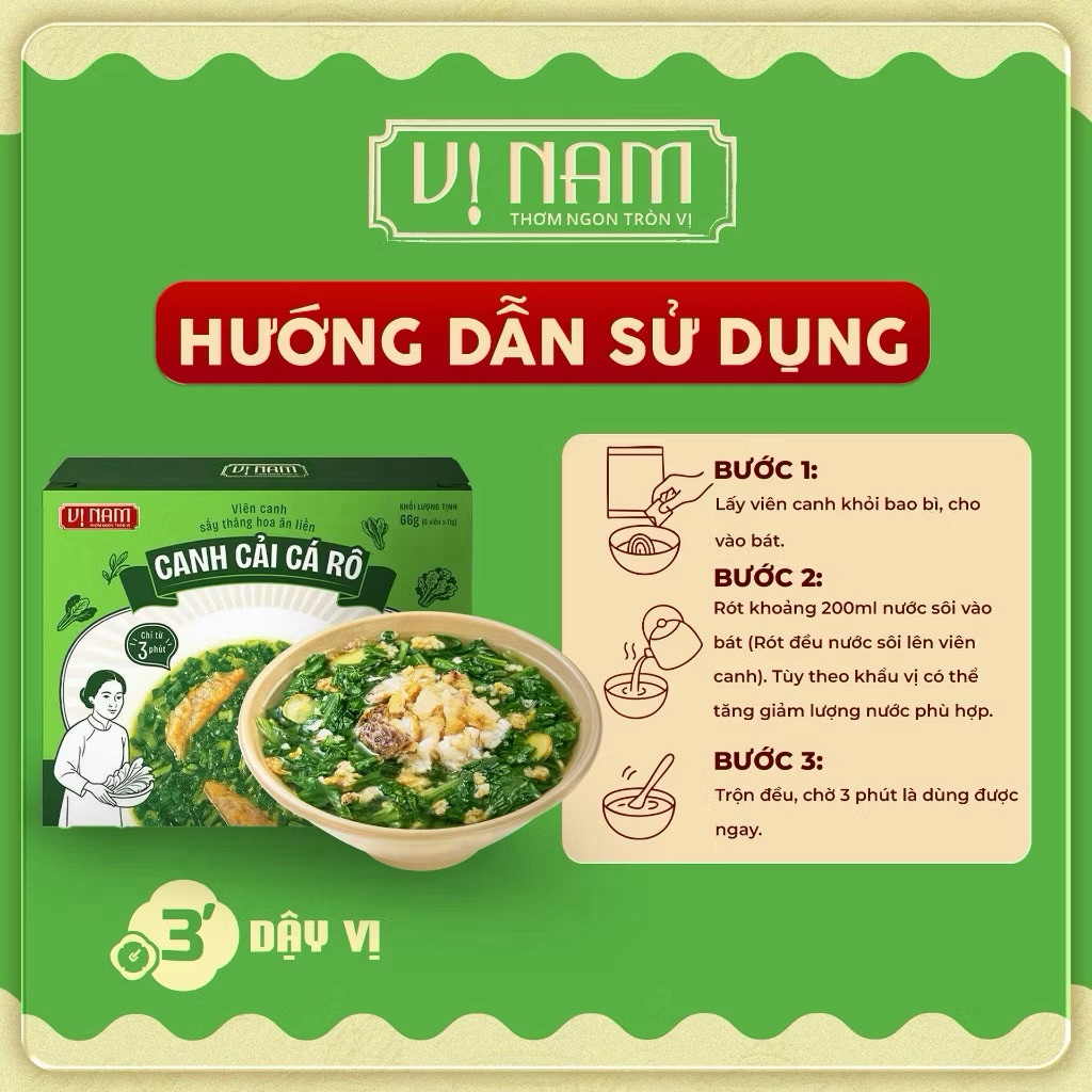 Canh Cải Cá Rô Sấy Thăng Hoa Ăn Liền Vị Nam - Hộp 6 viên - Canh lười, Tiện ích, Đậm vị Thơm ngon