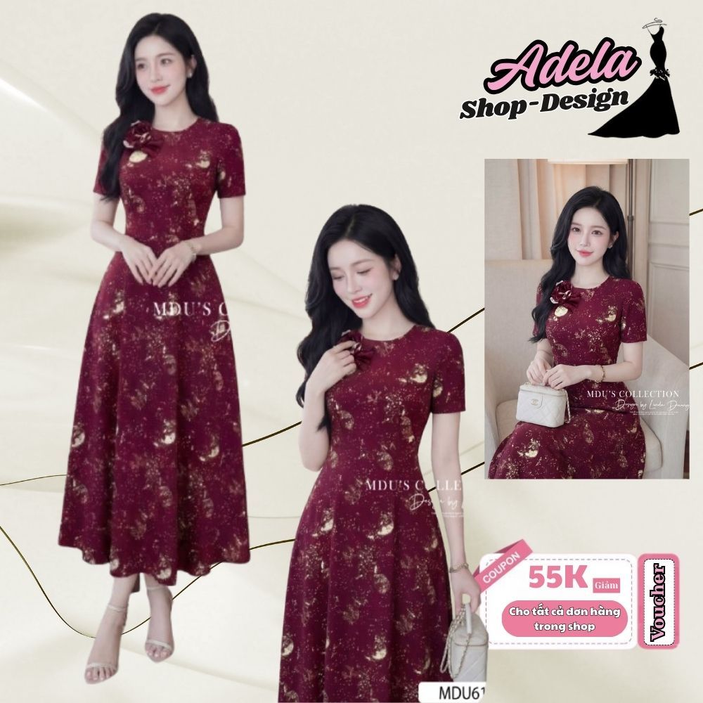 Váy Thiết Kế ADELA DESIGN Lụa Viscose Hoa Đỏ Thanh Lịch MDU6126