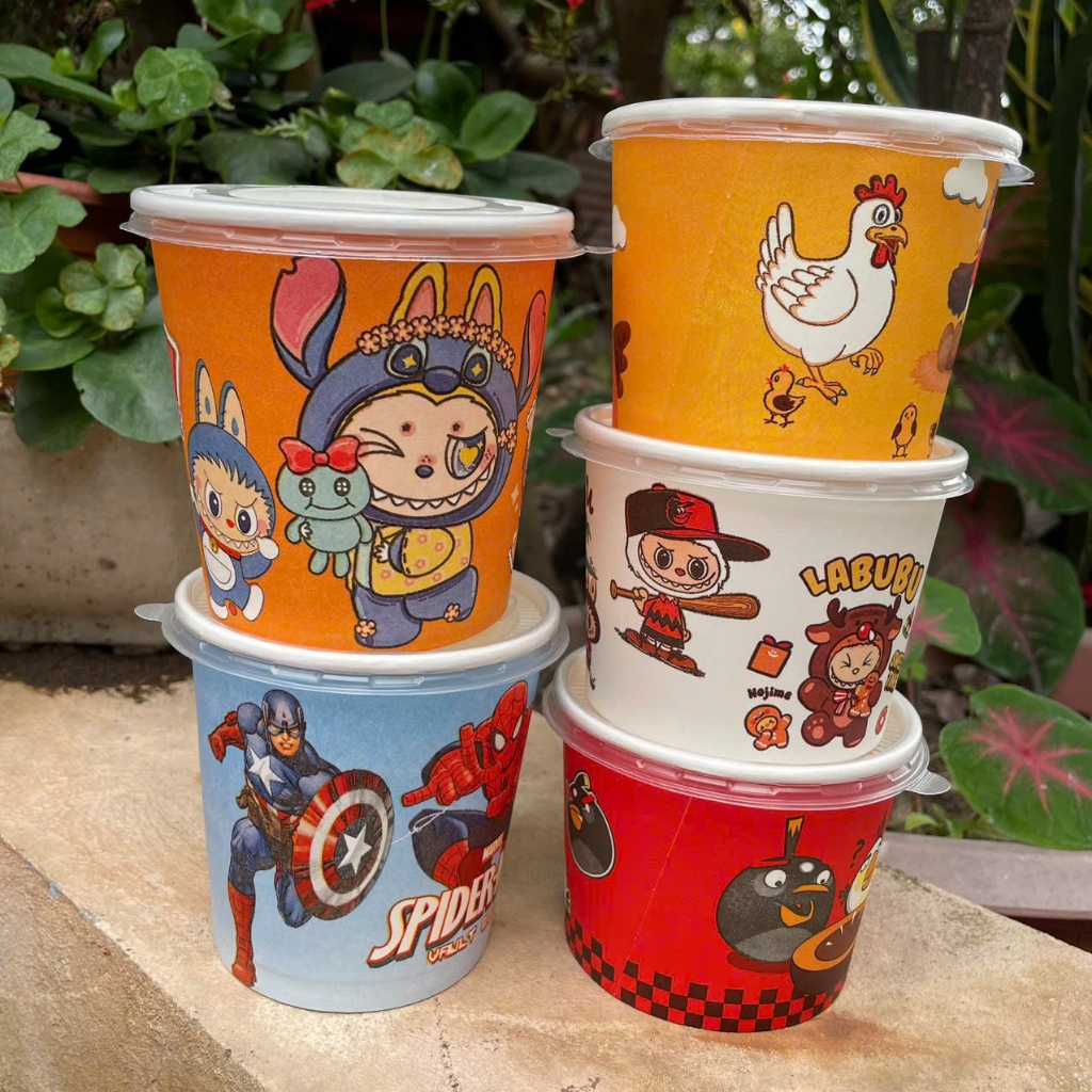50 Tô Bát Giấy 360ml ,480ml Có Nắp, In Họa Tiết Siêu Đẹp Dùng 1 Lần Đựng Kem, Cháo Dinh Dưỡng