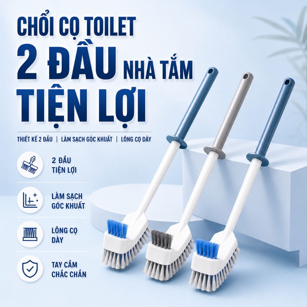 Cọ Bồn Cầu Chổi Cọ Toilet 2 Đầu Nhà Tắm Tiện Lợi, Dụng Cụ Chà Nhà Vệ Sinh Chất Liệu Nhựa Cao Cấp