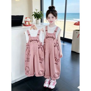 Bộ Yếm Lửng Bé Gái In Hình Hello Kitty Phối Áo Ba Lỗ Cam Cho Bé 17-42Kg