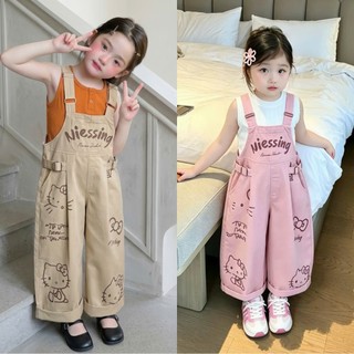 Bộ Yếm Lửng Bé Gái In Hình Hello Kitty Phối Áo Ba Lỗ Cam Cho Bé 17-42Kg