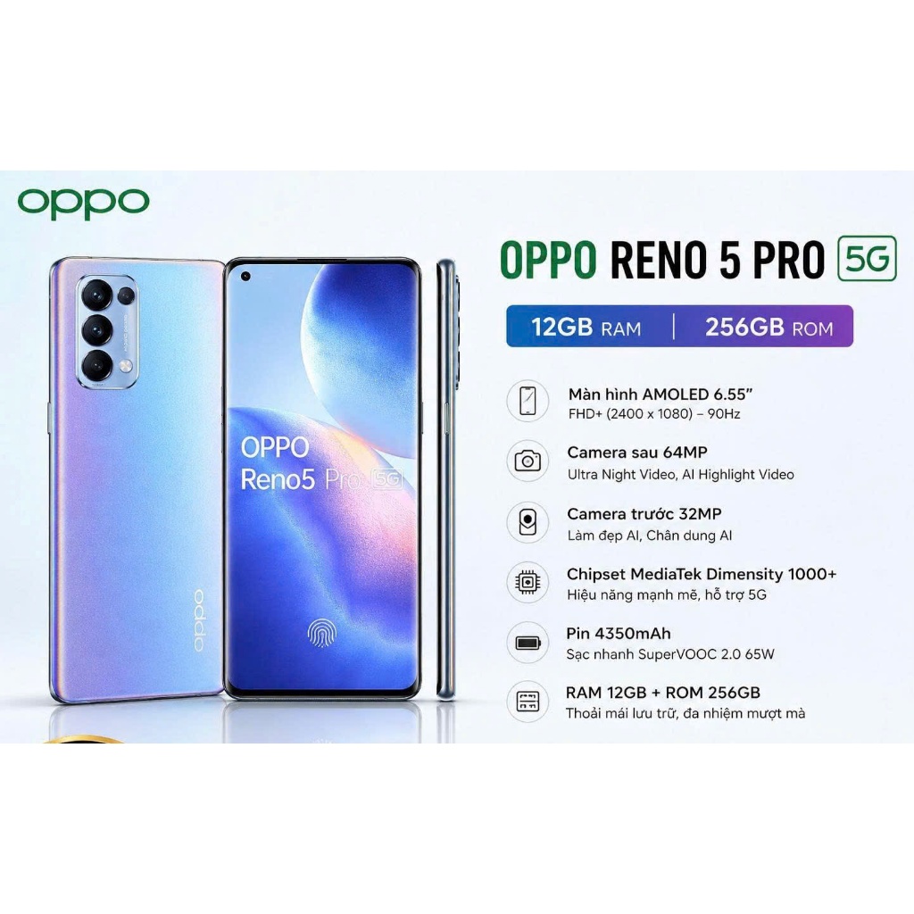 Điện Thoại OPPO Reno5 Pro 5G 12GB/256GB, Zin Đẹp ,Có Vân Tay Màn Hình