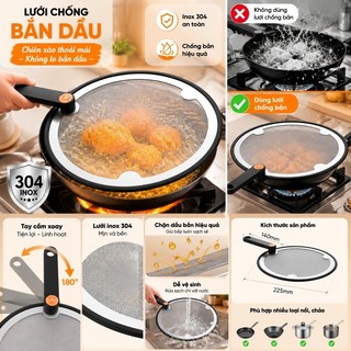 Nắp chắn dầu mỡ inox 304 24-26-28cm, nắp chống bắn dầu nhà bếp, tiện lợi cao cấp