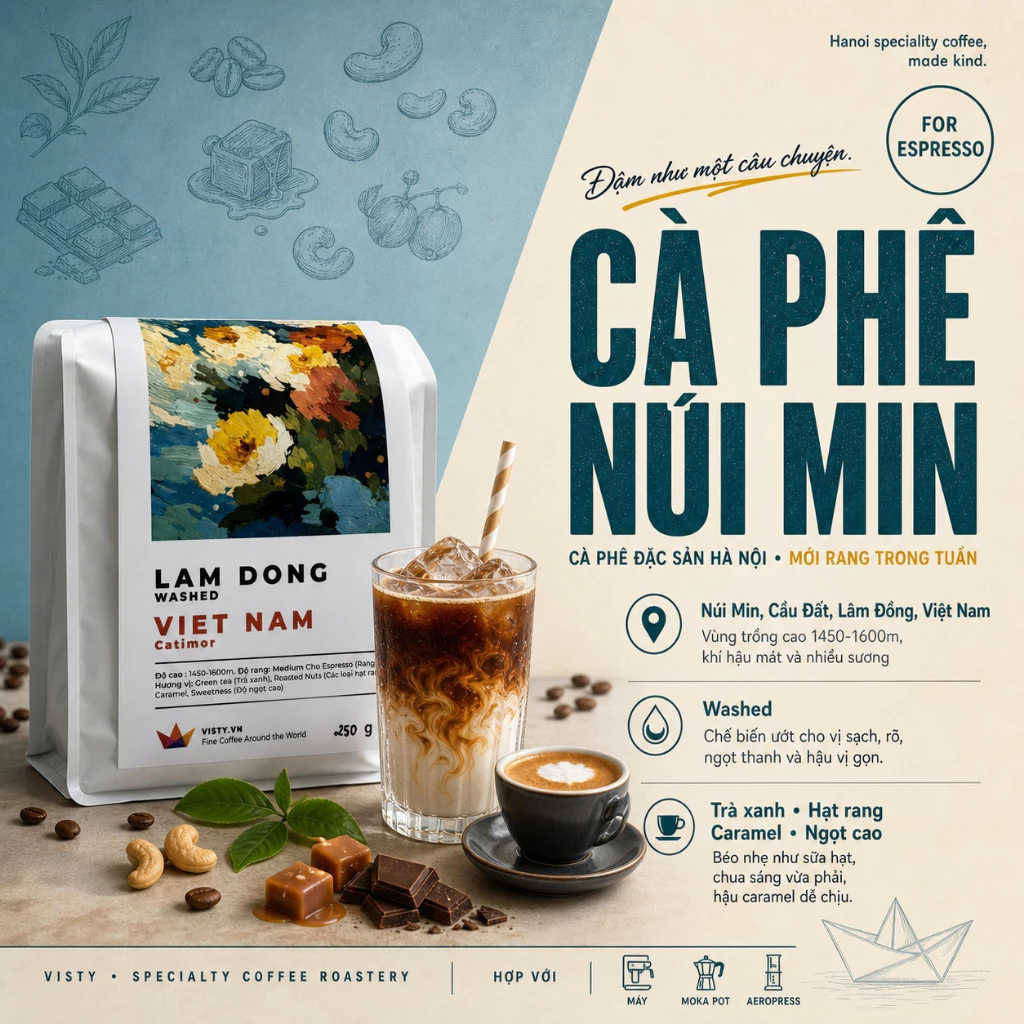 Cà phê Arabica Cầu Đất Lâm Đồng Washed Visty nhẹ nhàng cho Phin, Espresso, Latte, Cold Brew 2026