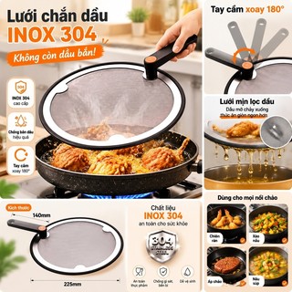Lưới Chắn Dầu Inox 304 Viền Silicon Đa Năng - Chống Bắn Dầu, Rửa Rau, Lọc Nước, Tay Cầm Cam Chống Bỏng