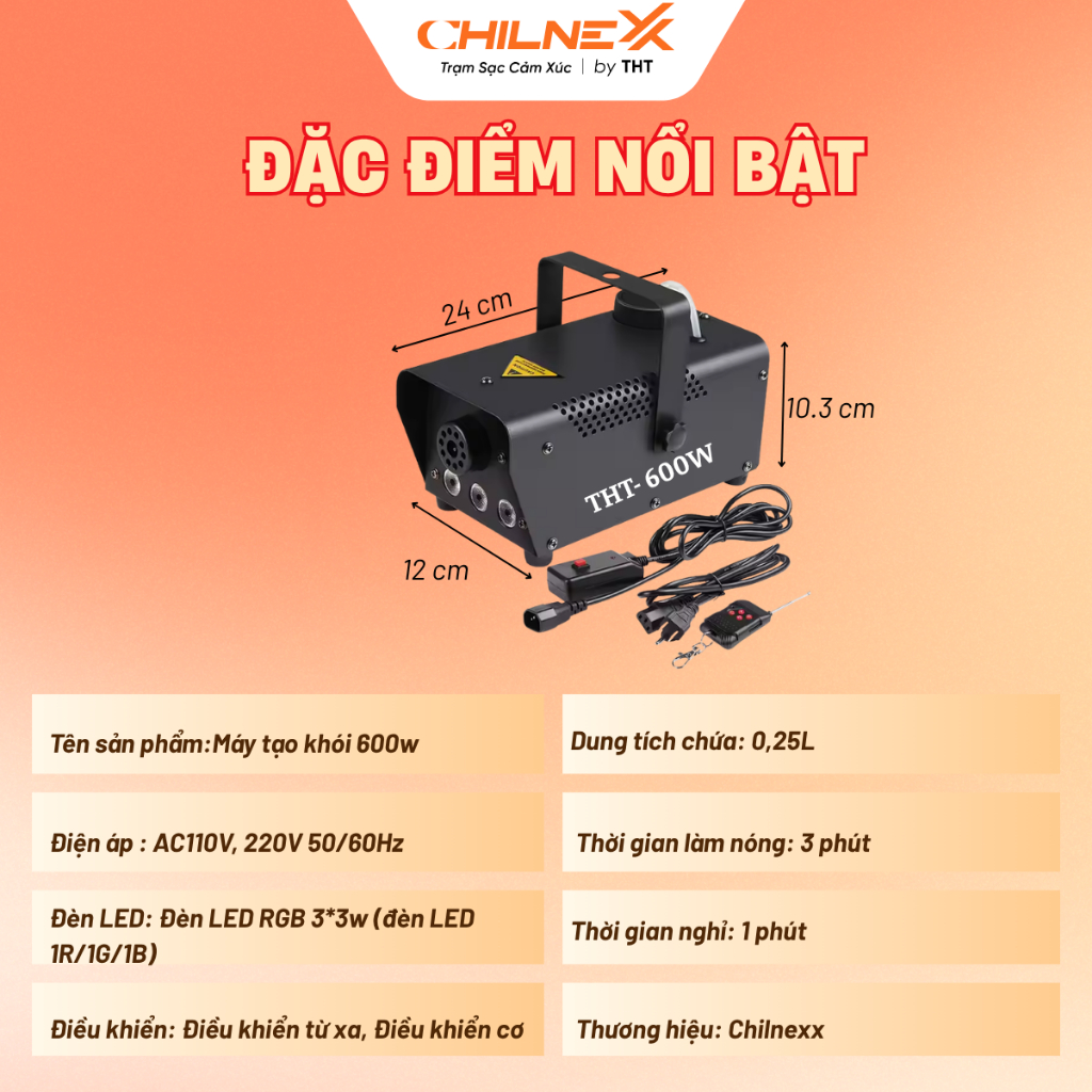 Máy Tạo Khói 600W CHILNEXX phun khói có led rgb phù hợp sân khấu sự kiện phòng karaoke sử dụng kèm đèn quét tia laser