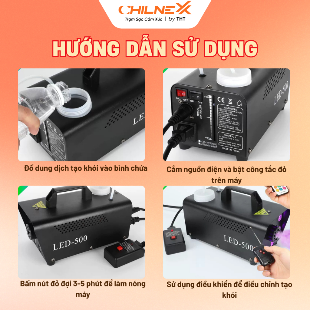 Máy Tạo Khói 600W CHILNEXX phun khói có led rgb phù hợp sân khấu sự kiện phòng karaoke sử dụng kèm đèn quét tia laser