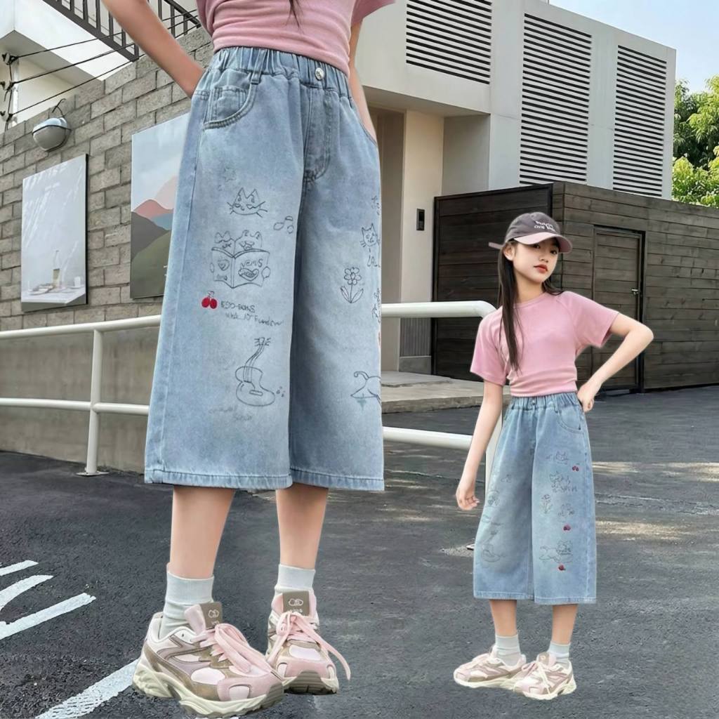 Jean suông lửng in hình cho bé gái size đại BEESHOP H26083