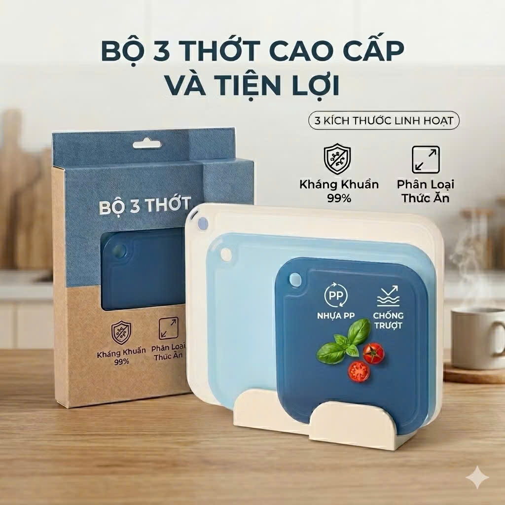 Bộ 2, bộ 3 thớt nhựa 2 mặt Yoko INOCHI kháng khuẩn, nhựa PP an toàn