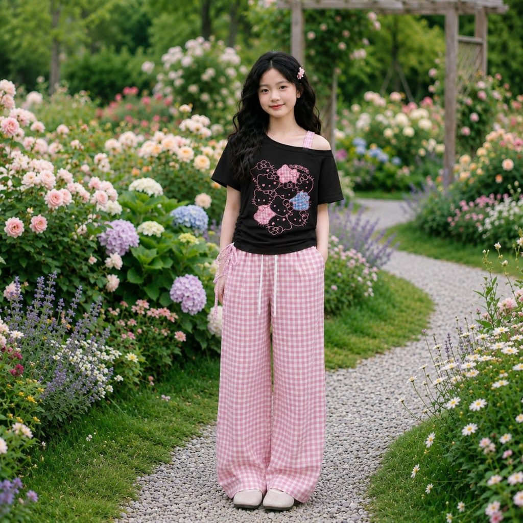 Áo kitty nhỏ vai lệch mix dây caro cho bé gái size đại BEESHOP H26086