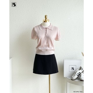 Áo Mongtoghi Nữ Twentyfive Cổ Polo Phối Viền Màu, Áo Dệt Kim Ngắn Tay Tay Bồng Tiểu Thư Sang Chảnh 7261