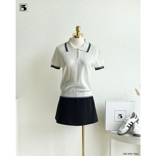 Áo Mongtoghi Nữ Twentyfive Cổ Polo Phối Viền Màu, Áo Dệt Kim Ngắn Tay Tay Bồng Tiểu Thư Sang Chảnh 7261